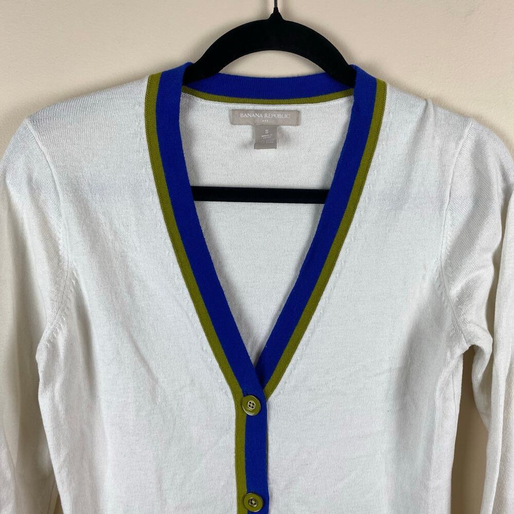 Banana Republic White Cardigan Preppy Contrast Trim CottonBlend Academia Sweater - Picture 2 of 7